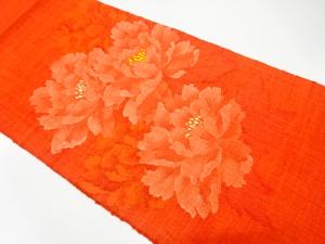 手織り真綿紬　牡丹模様織り出し　名古屋帯